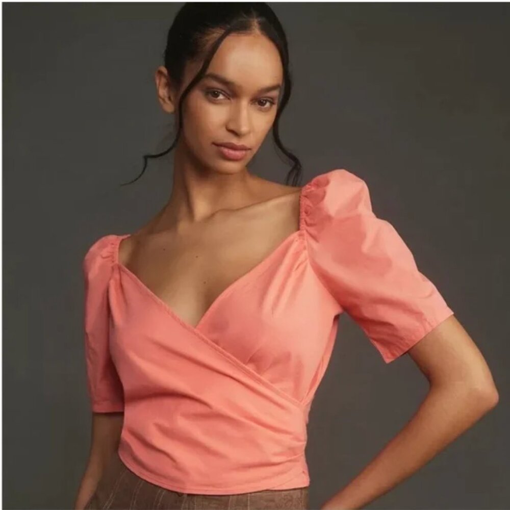NWT Anthropologie | Orange Puff-Sleeve V-Neck Cotton Boho Pastel Wrap Top, XS